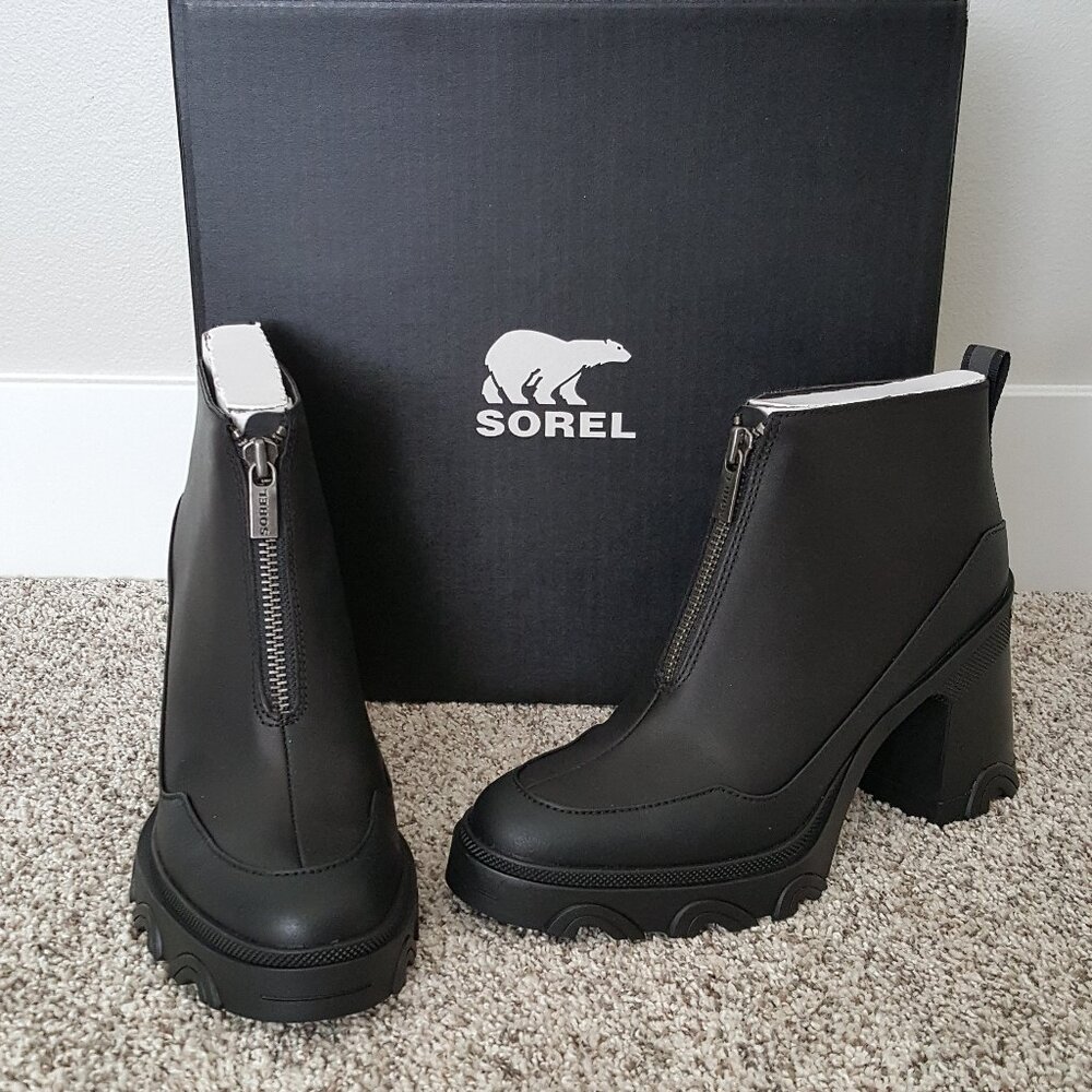NEW SOREL Brex Heel Zip Boots Black Chunky Heel Platform Waterproof Leather 9.5